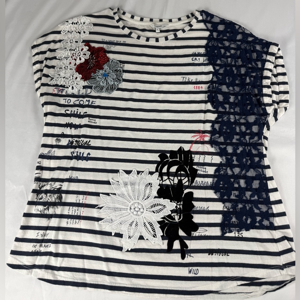 Desigual Navy and White Striped Women’s Tee with Floral Lace